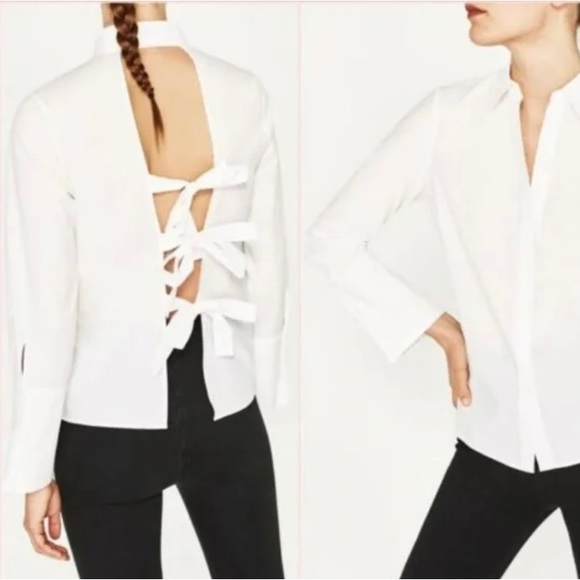Zara Open Back Bow Tie White Blouse - Picture 1 of 5